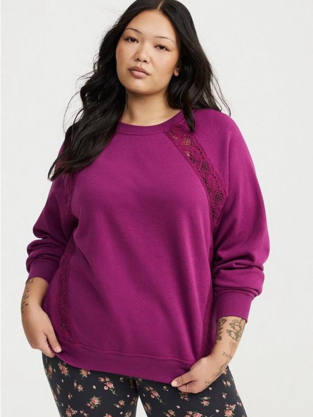 torrid Plum Lace-Trim Pullover Crewneck Sweater